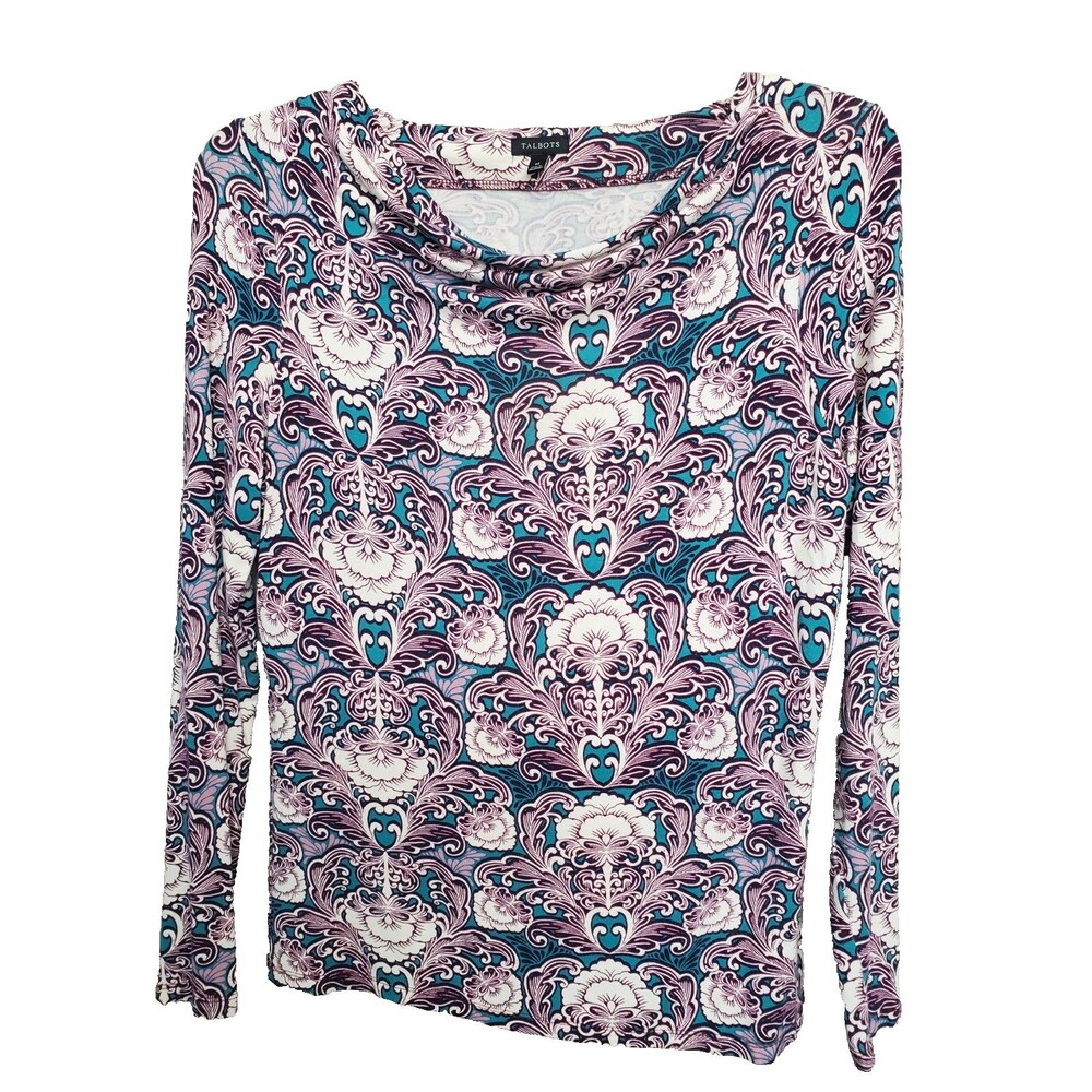 TALBOTS Jersey Knit Draped Neck Floral Geo Print Long Sleeve Blouse Size MED